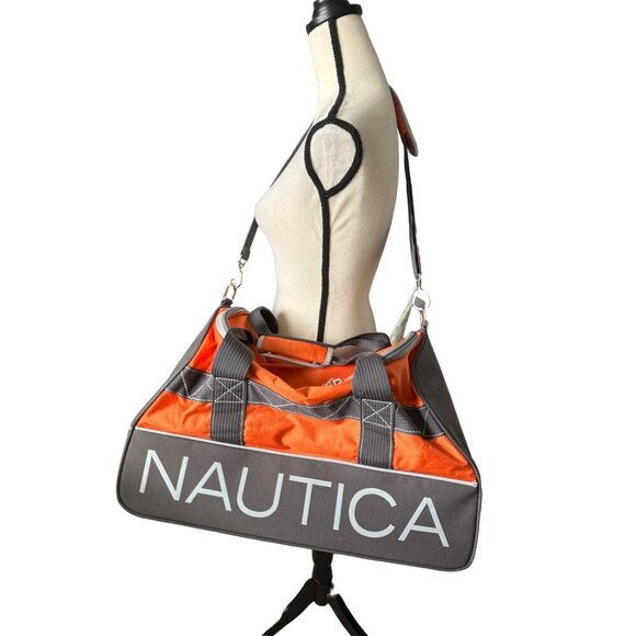 Nautica Dockside Duffle Bag Orange Gray Zipper Close Outer Strap ID Slot CLEAN - Picture 1 of 10